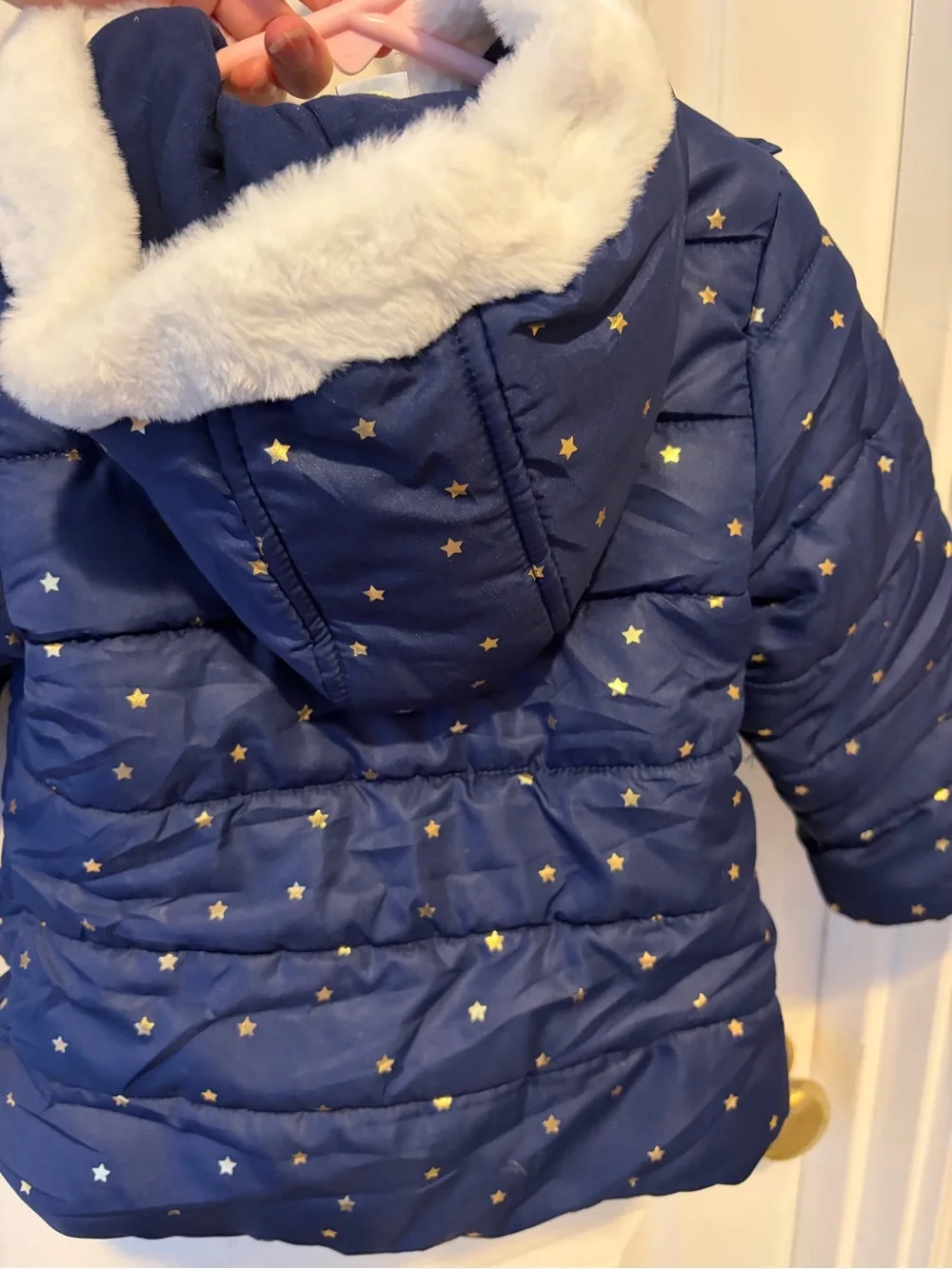 Carters Little Me Navy Gold Star White Faux Fur Ruffle Puffer Coat 24 Months